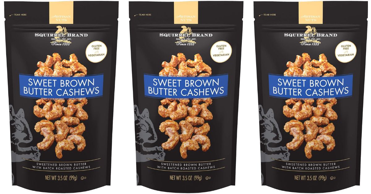Squirrel Brand Cashews row of bags of cashews