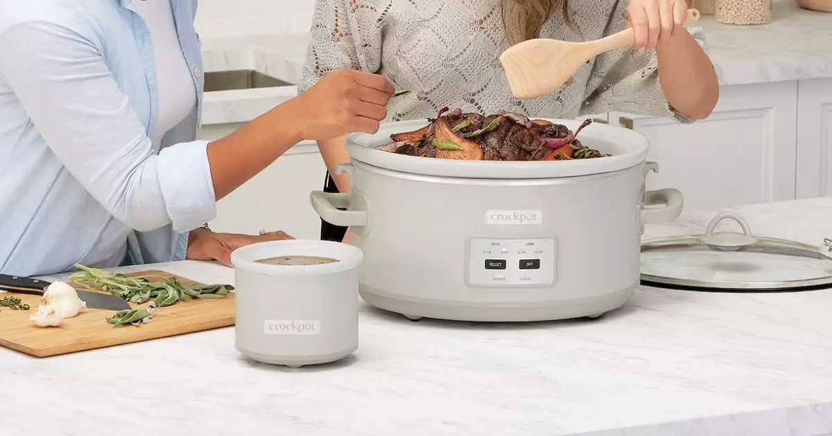 two women cooking stew in a Crockpot Slow Cooker