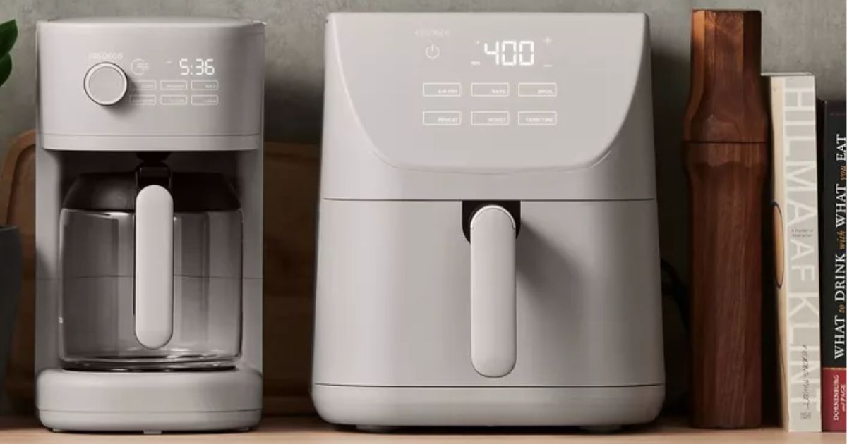 air fryer and a coffee maker on a counter