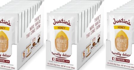 row of boxes of Justin s Peanut Butter