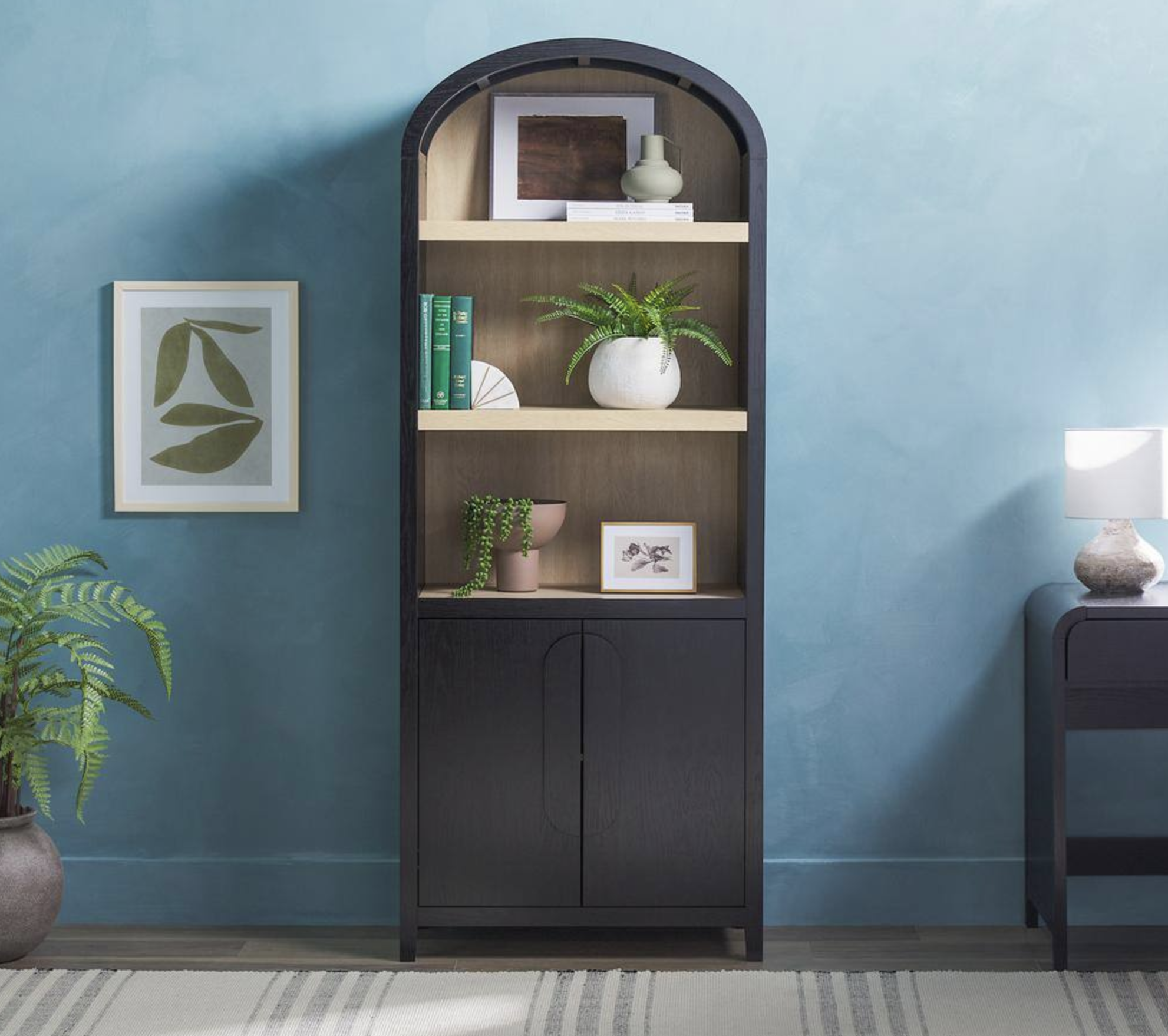 Welwick Designs Arched 76 in Tall Black Wood 4 Shelf Bookcase with Closed Storage and Statement Pulls