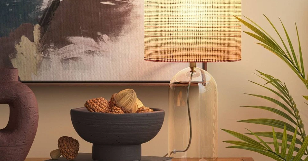 Glass Table Lamp with Open Base and Natural Shade Threshold