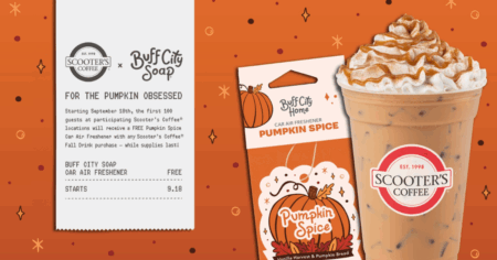 FREE Pumpkin Spice Car Air Freshener from Buff City Soap with Fall Drink purchase at Scooter s Coffee