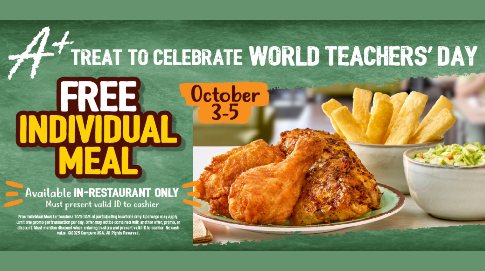 Pollo Campero Free Individual Meal from October 3 5 for Teachers Pollo Campero Free Individual Meal from October 3 5 for Teachers