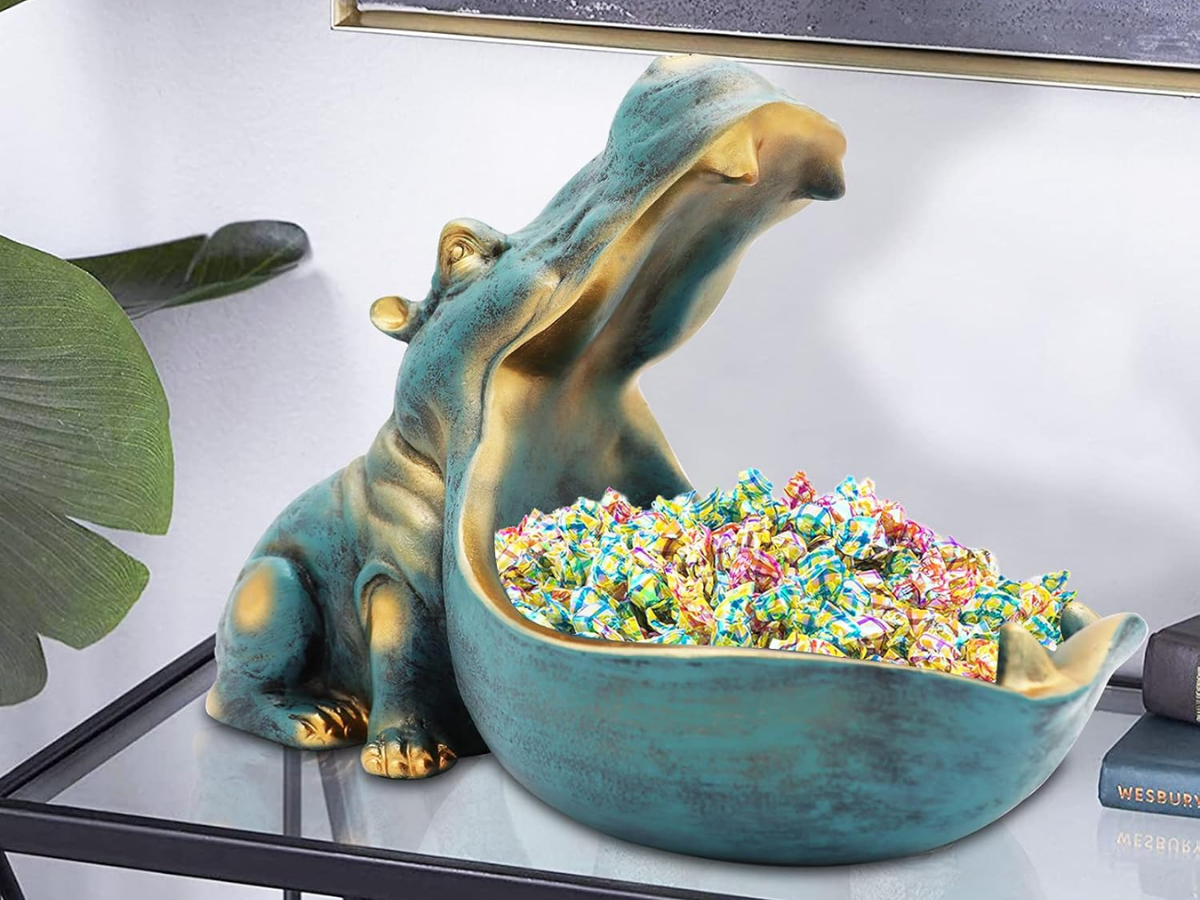 Hippo Statue,Large Hippopotamus Figurine Home Sculpture with Resin, Hippo Candy Jar, Candy Dish Bowl for Office Desk