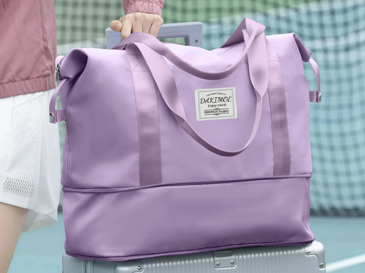 DAKIMOE Weekender Bags for Women Travel Bag Carry on Gym Bag Travel Duffle Bag with Wet Dry PocketFront Phone PocketTrolley Sleeve Pocket Purple pink travel weekender duffle bag