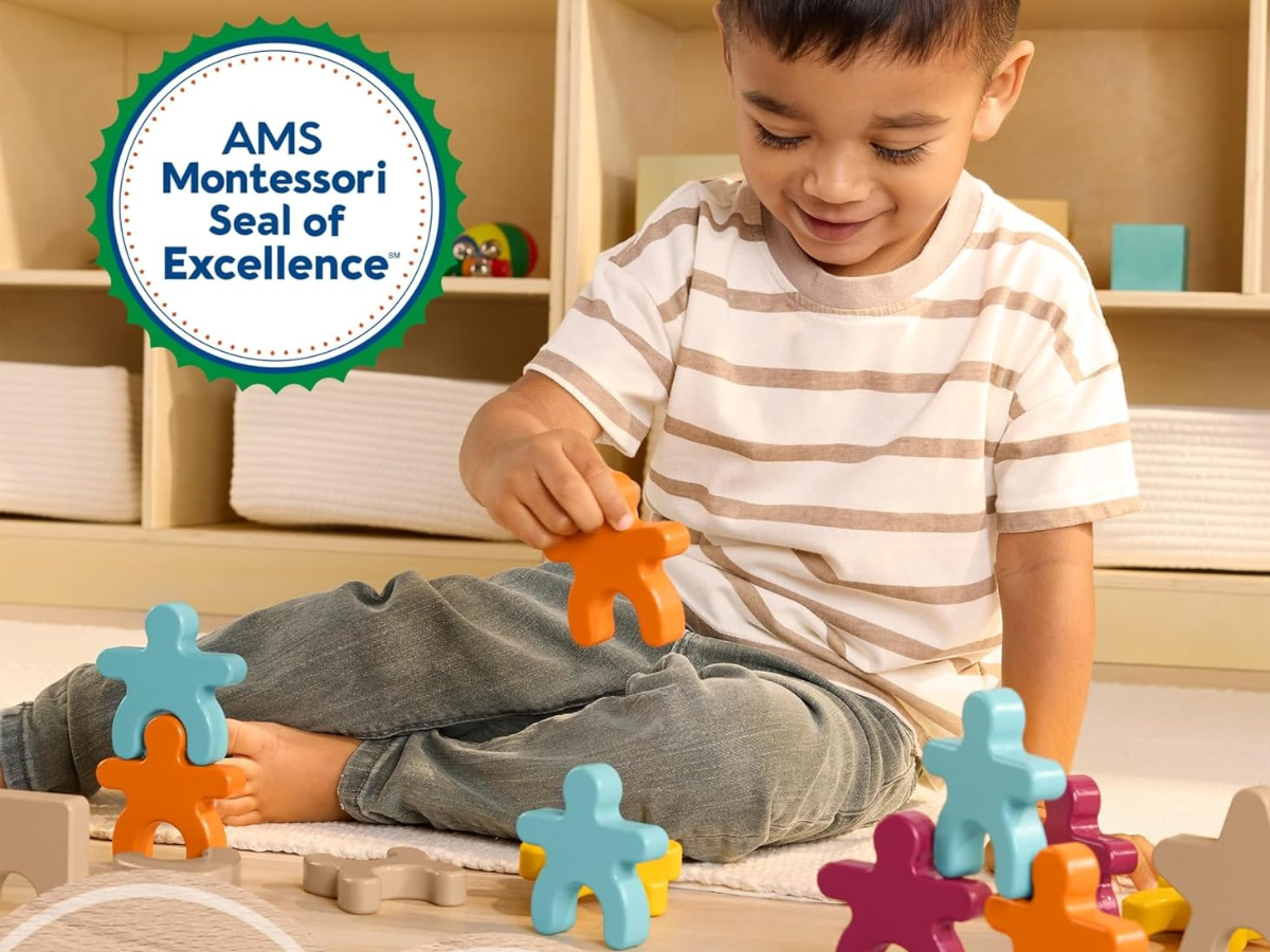 Fisher Price Wood Montessori Toy Stacking Shapes American Montessori Society Seal of Excellence 16 Piece Wooden Learning Activity & Expert Play Tips Montessori toy stacking counting game