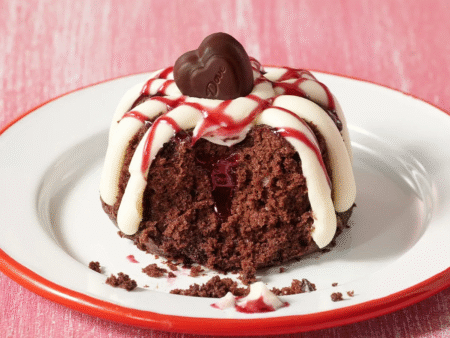 Chocolate Raspberry Heart Made with DOVE at Nothing Bundt Cakes
