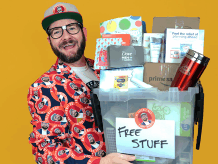 Kendall holding a big box of FREE Stuff