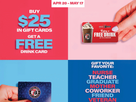 FREE Drink Card with Purchase of $25 in Gift Cards from April 20th thru May 17th Only