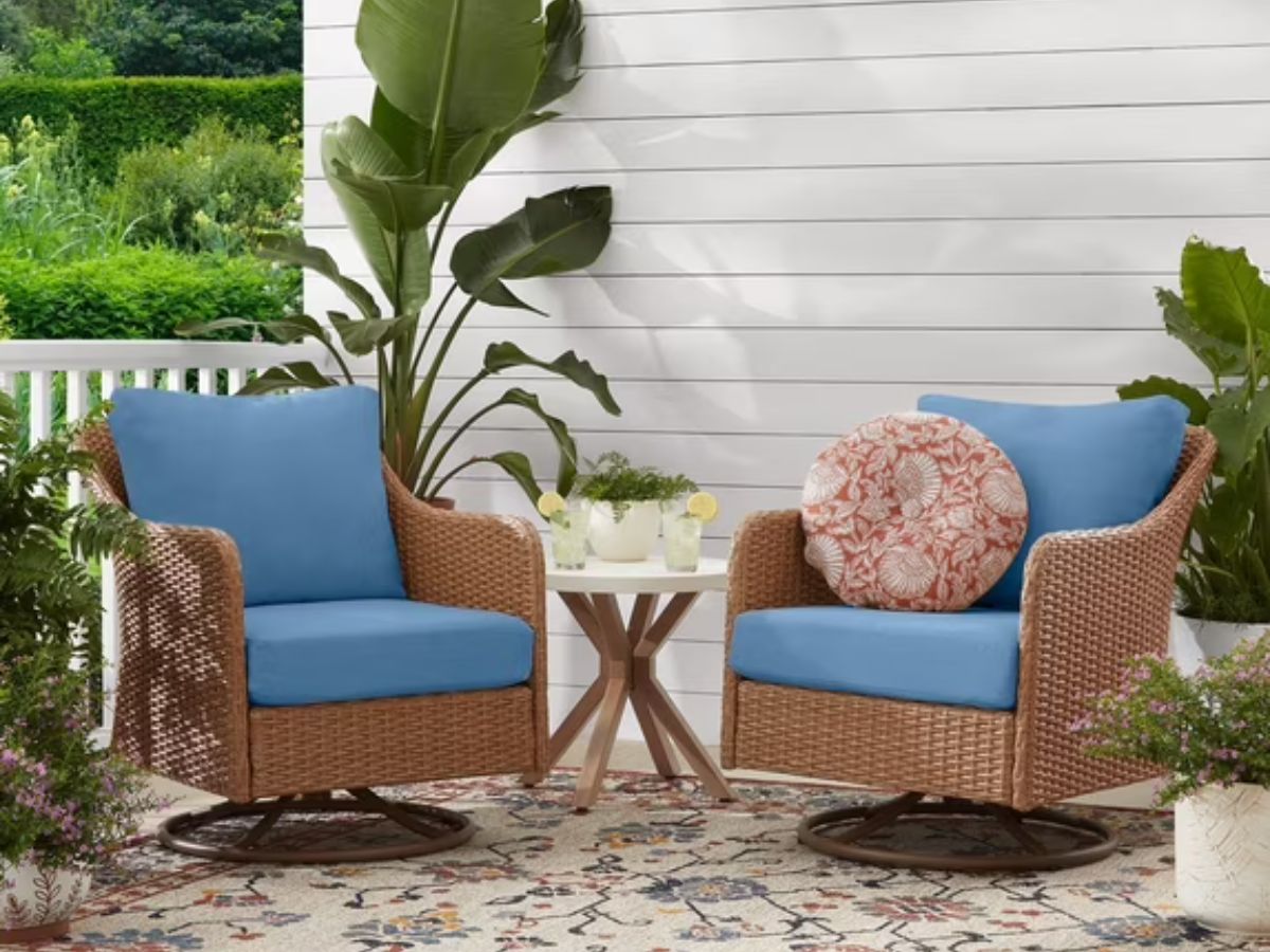 2 Outdoor Swivel Rockers with Blue cushions at Walmart